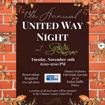 13th Annual United Way Night at Stella A's- enjoy a night out and support the United Way!